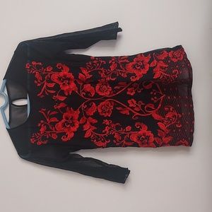 International Concepts mesh red flower shirt